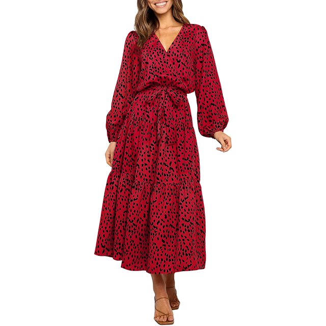 Robe Maxi de Soirée Décontractée pour Femme, Bohème, à Imprimé Léopard, à Volants, à Manches Longues, à Col en V, Fluide