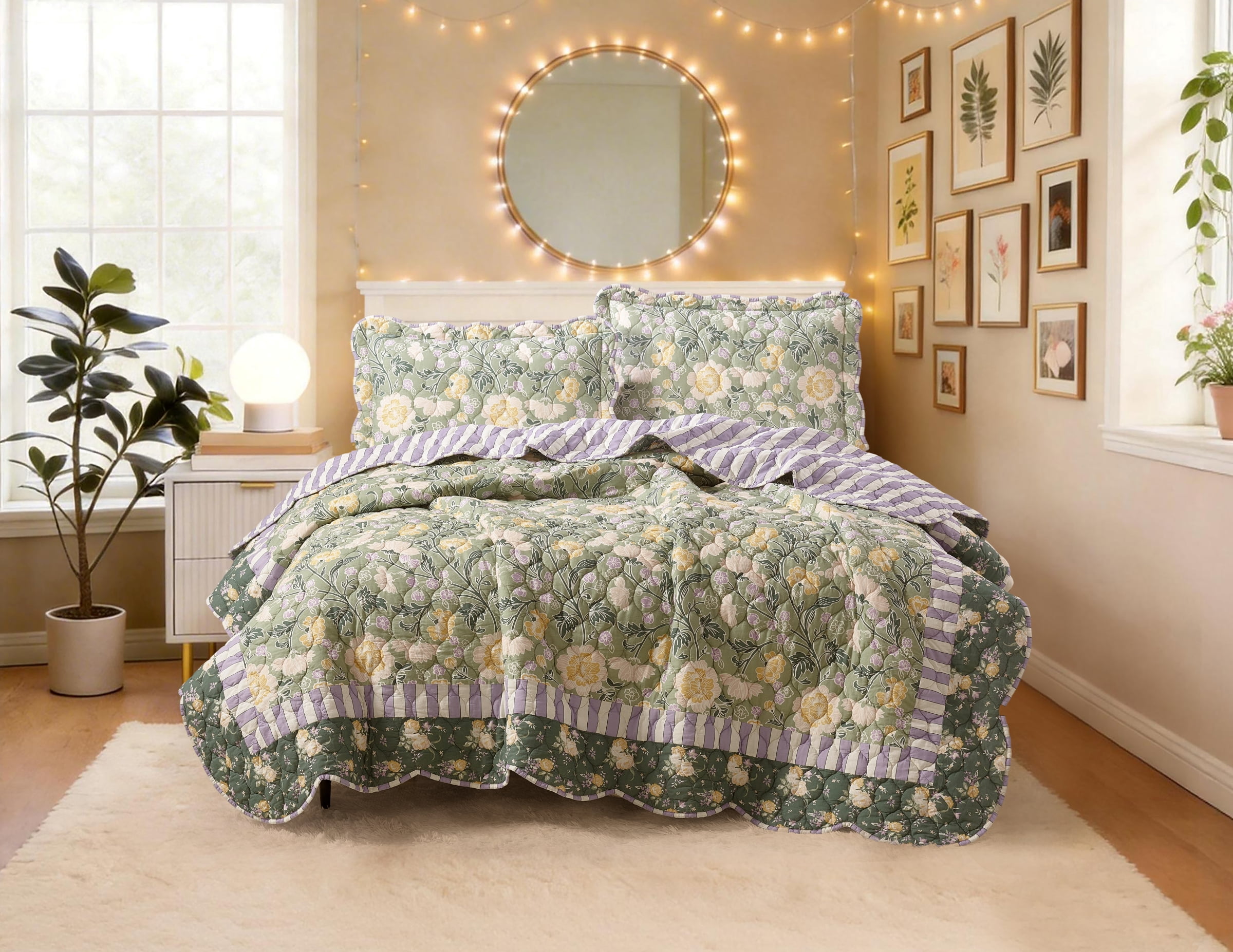 Mainstays Ensemble de courtepointe Jardin rustique Double/Grand lit, 3 pièces, Vert, Adulte.