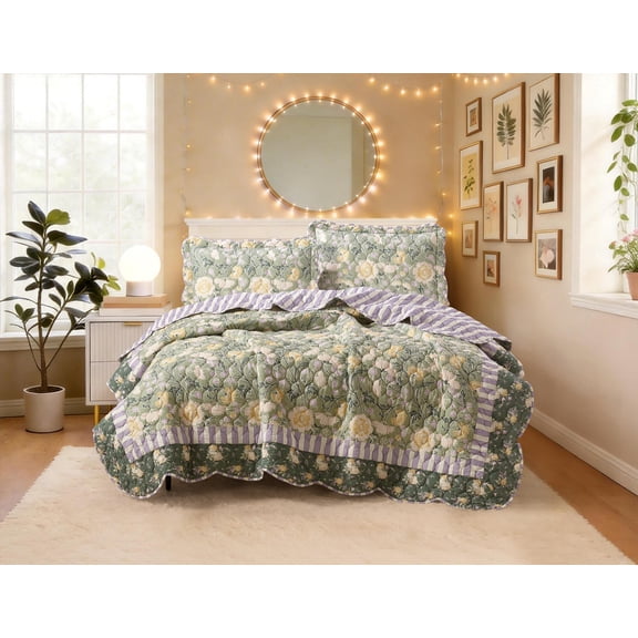 Mainstays Ensemble de courtepointe Jardin rustique Double/Grand lit, 3 pièces, Vert, Adulte.