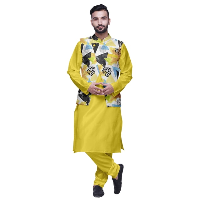 Atasi Kurta Churidar Uni pour Homme à Col Mandarin, Pyjama et Ensemble de Veste Nehru Imprimée