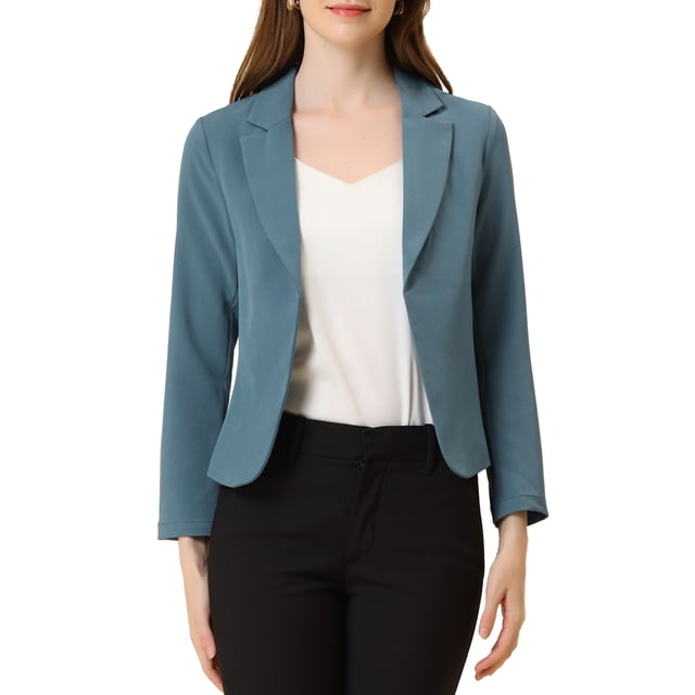 INSPIRE CHIC Women's Blazer Open Front Wear-to-Work Summer Crop Suit Jacket Blue Grey-Solid XS