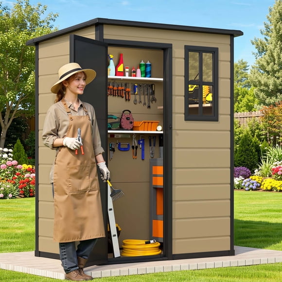 DEXTRUS 5x3ft Résine Extérieur Shed avec Fenêtre et Verrouillable à l'Extérieur, Rangement de Jardin et Mobilier de Patio Résistants aux Intempéries, Brun