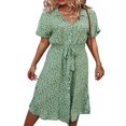 thumbnail image 3 of Femmes Bouton vers le Bas Midi Robe à Manches Courtes Imprimé Floral Ceinture en Vrac Robe Chemise Jaune M, 3 of 8