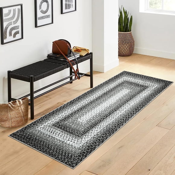 GOGRANT Braided Print Washable Area Rug 2x6 Feet Living Room Bedroom Carpet with TPR Non-Slip Backing, Low Pile Stain Resistant Easy Clean Modern Home Decor Rug