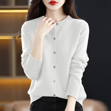 Xdegoge Women's Crew Neck Cardigan Sweater Casual Trendy Long Sleeve Open Front Button Down Outwear Crewn Neck Fall Winter Fashion Clothes Knitted Pullover Warm Cardigan Sweater White M
