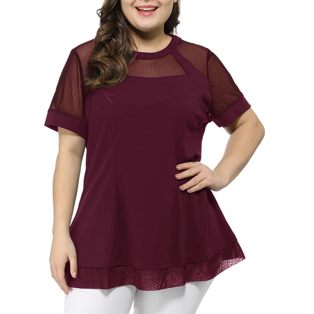 Unique Bargains Haut en Dentelle en Maille à Basque Évasé à Encolure Ronde pour Femme Grande Taille