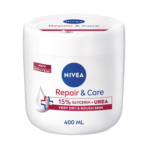 NIVEA Repair and Care Cream, 15% Glycerin + Urea Body Moisturizers, Very Dry Skin, 400mL Jar