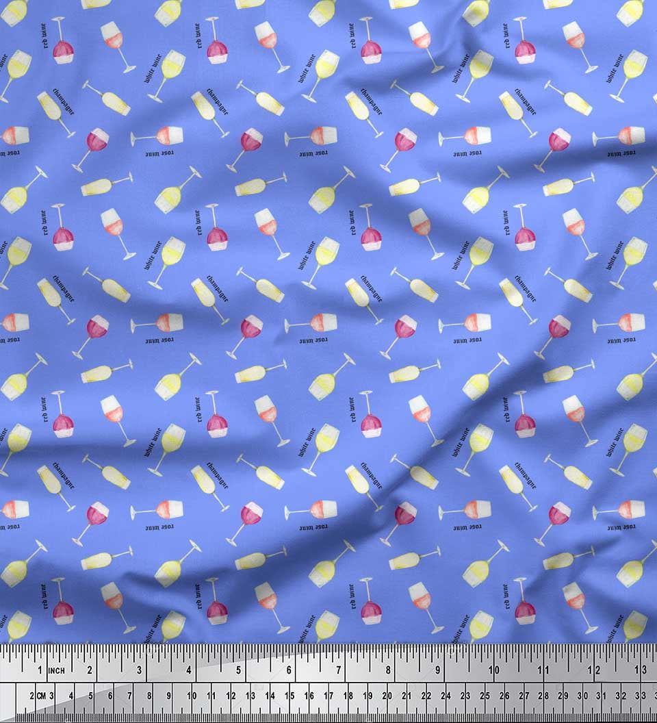 Soimoi Blue Rayon Fabric Text & Wine Glass Bar Print Fabric by the Yard 58 Inch Wide
