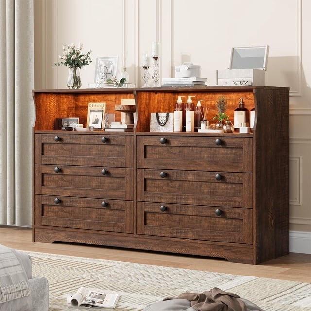 BeesClover 55 Inch Large Wooden Dresser with 6 Drawers & LED Lights - Multi-Functional TV Stand for Bedroom, Power Outlet, Wide Storage Cabinet