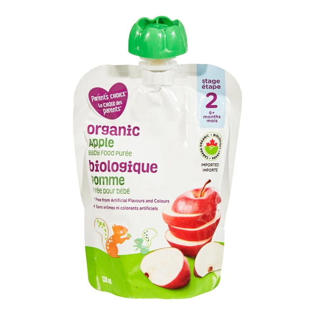 Parent’s Choice Organic Apple Baby Food Purée pouch with green twist cap, featuring sliced red apples and bilingual English-French text, designed for babies 6 months and older, free from artificial flavours and colours, ideal organic baby food pouch for introducing apple purée.