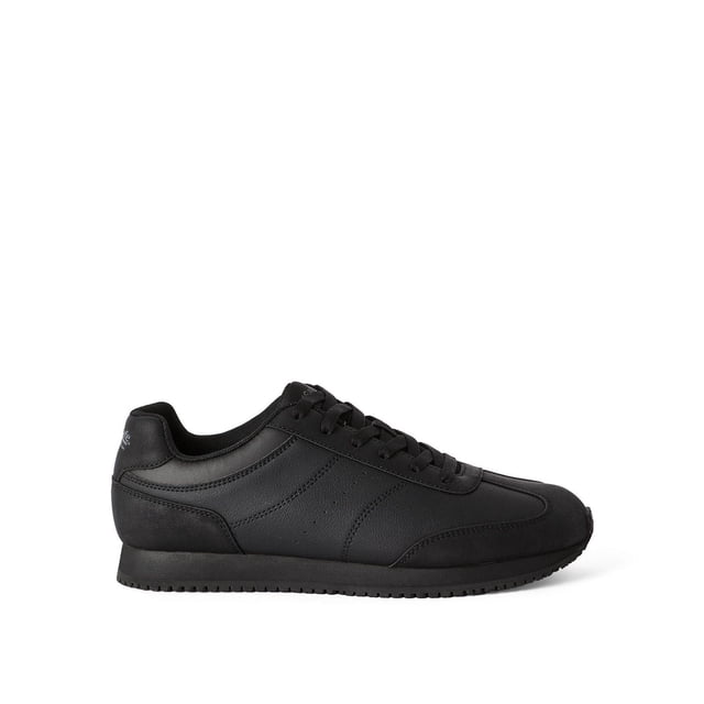 Tred Safe men's slip resistant shoes in black synthetic and faux leather with lace-up closure, round toe, wide width, and rubber non-marking outsole, suitable for work and outdoor use requiring slip resistance.