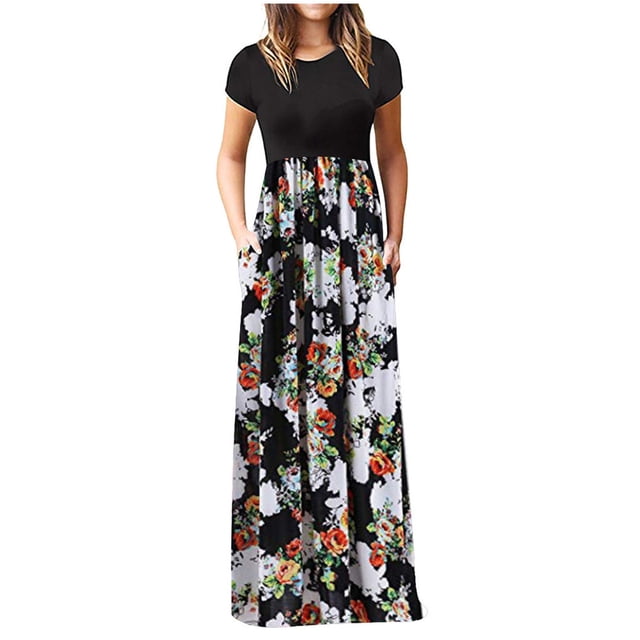 Fridja Robe Décontractée à Manches Courtes Imprimé Floral Col Rond pour Femmes Jupe Longue