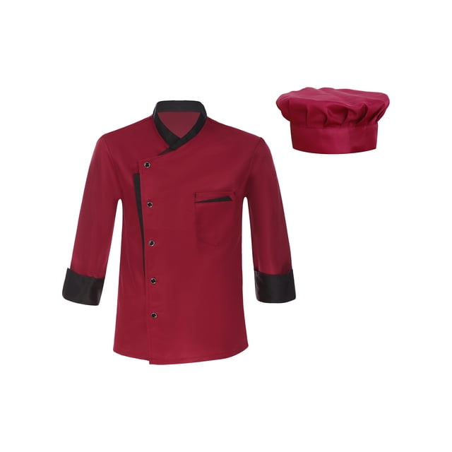 Aislor Unisex Chef Coat Men's Long Sleeve Chef Jacket with Chef Hat Restaurant Kitchen Cooking Chef Top Uniform Burgundy 3XL