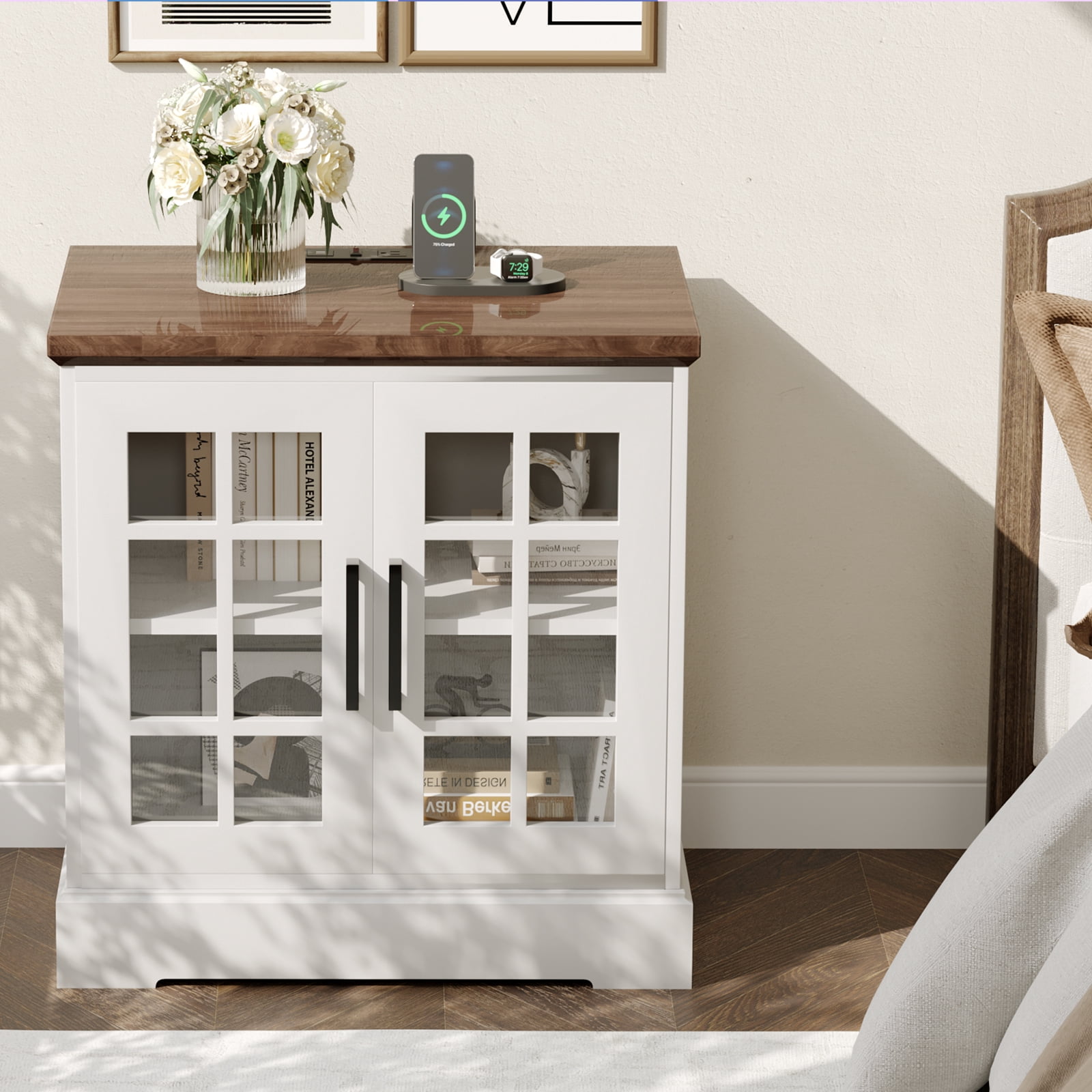 24" End Table with Charging Station, Farmhouse Nightstand with Grid Tempered Glass Doors, Wood Square Sofa Side Table Bedside Table with Adjustable Shelf for Living Room, Bedroom, Office