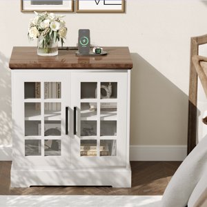 24" Table de fin avec borne de recharge, Table de chevet ferme avec grille Portes en verre trempé, Table latérale de canapé en bois avec plateau réglable pour le salon, Chambre, Bureau