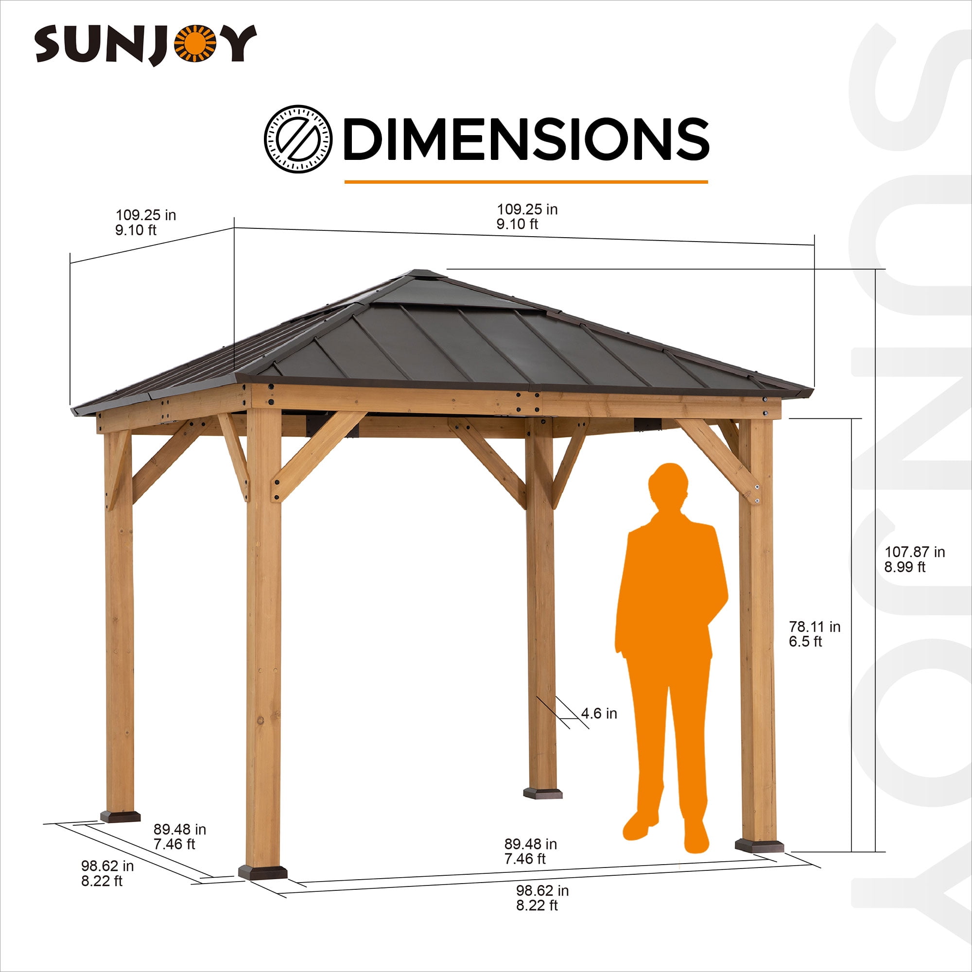 Sunjoy Outdoor Patio 9x9 ft Cedar Framed Gazebo with Brown Steel & Polycarbonate Hip Roof Hardtop