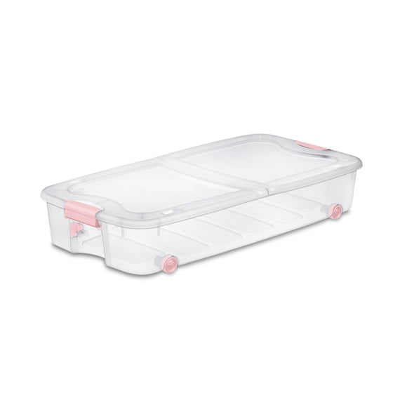 Sterilite 62 Liter Storage Box, Clear Underbed Storage Bin with Lid and Wheels, Pink Latch
