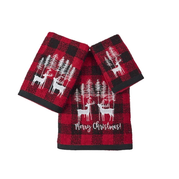 Marina Decoration Christmas Premium Luxury Decor Ultra Soft 100% Cotton Embroidered Bathroom Modern 3 Piece Towel Set, Red Black Plaid Xmas Reindeer and Tree Pattern