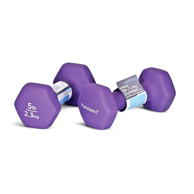 Ensemble Hexagonal en Néoprène de 5 Lb avec une Paire d'Haltères Violets Enduits de Néoprène Pesant 5 Livres (2,3 kg) Chacun, en Forme d'Hexagone pour la Stabilité, avec la Marque PurAthletics, Conçu pour l'Entraînement de Force, l'Activité Tonifiante et les Entraînements Aérobiques, Convient aux Exercices du Tronc Musculaire et cardio.