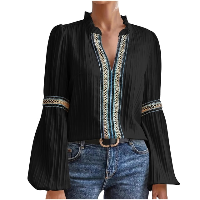 Timegard Women's Tops Lace Ruffle V Neck Long Sleeve Work Dressy Casual Loose Tops Fall Fashion Blouse