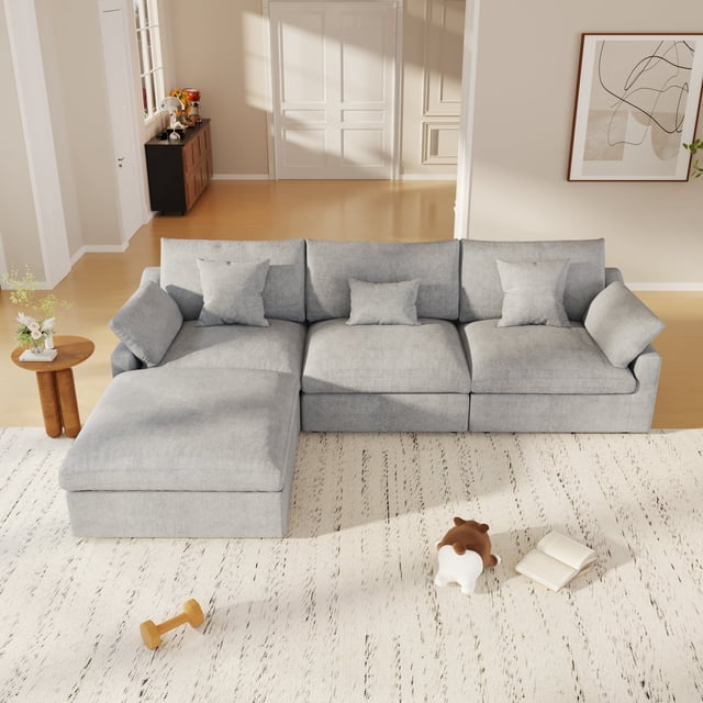 bokifol Cloud Sectional Couches for Living Room,Convertible L-Shape Couch with Ottoman,3 Seater Modular Sectional Sofa(Grey)