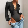 thumbnail image 1 of Justaucorps à Col en V Profond pour Femmes, Manches Longues Bouffantes, Hauts Triangle, Manches Lanterne, Dentelle Extensible, Combinaison à Décolleté Plongeant, 1 of 2