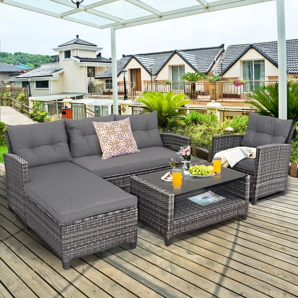 Costway Ensemble de Mobilier de Patio en Rotin 4 Pcs avec Coussins Causeuse Table Étagère Gris