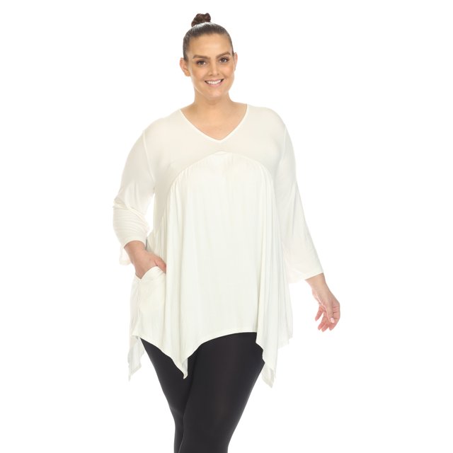 White Mark Tunique à Manches 3/4 pour Femmes, Taille Empire, Col en V