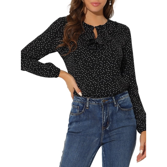 INSPIRE CHIC Blouse Chemise à Manches Longues à Col à Volants pour Femme G Noir à Pois