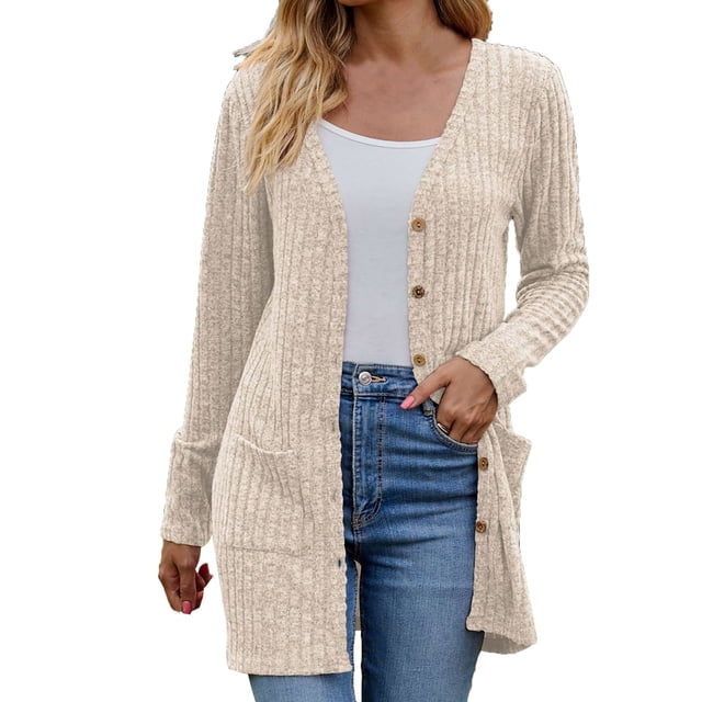 Yuyuzo Women's Cardigan 2024 Fall Casual Button down Sweaters Open Front Ribbed Knit Sweater Coat with Pockets