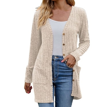 Pisexur Chandails pour Femmes Mode Cardigan en Tricot Côtelé Chandails pour Femmes Couleur Unie Manteaux d'Hiver Chauds Ouvert Boutonné Manches Longues Cardigan Manteaux Chandail Décontracté Ample Hauts avec Poches