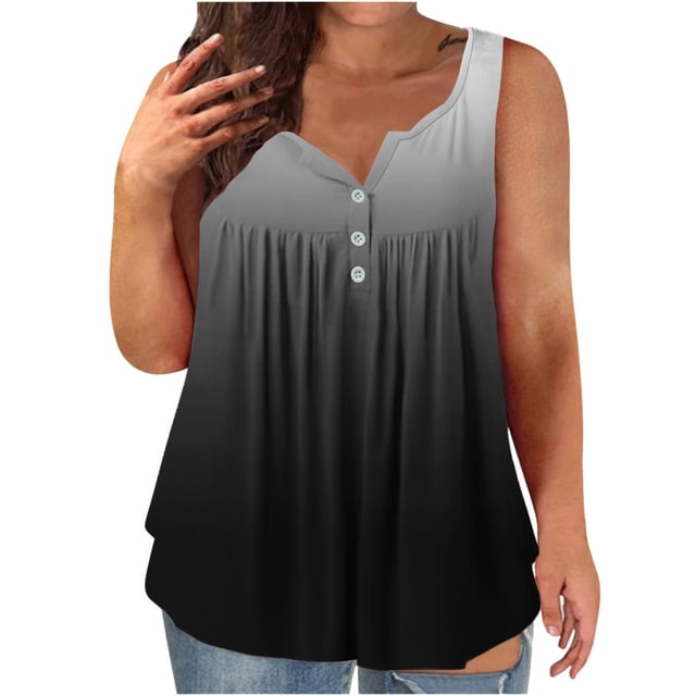 Dealovy Plus Size Tank Tops for Women Casual Sleeveless Scoop Neck Buttons Ruched Solid Color Loose Flowy Tees