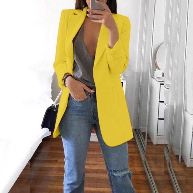 Meichang Womens Casual Blazers Jackets Solid Color Long Sleeve Open Front Work Office Blazers Slim Fit Lapel Jackets with Pockets Cardigans Plus Size Yellow S
