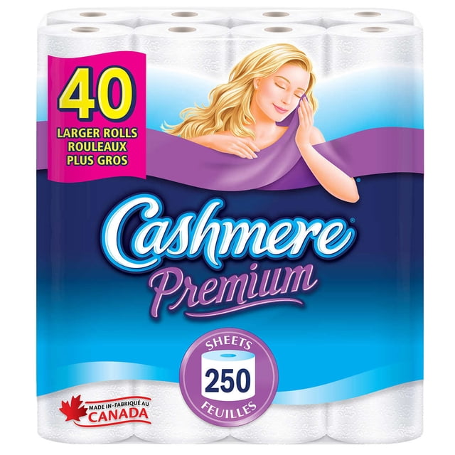 Cashmere Premium Soft & Thick Toilet Paper, Hypoallergenic, and Septic Safe, 40-pack. Features include 2-ply quilted sheets, 250 sheets per roll, and dimensions of 9.9 cm × 10.1 cm. Made in Canada, this pack offers larger rolls for household use.