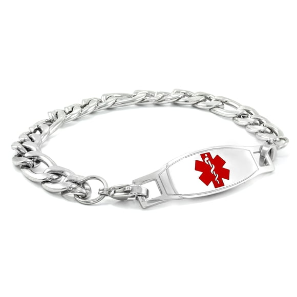 MedicEngraved Surgical 316L Stainless Steel Medical ID 9mm Figaro Link Bracelet with Enamel Medical Tag - Medical Engraving Included