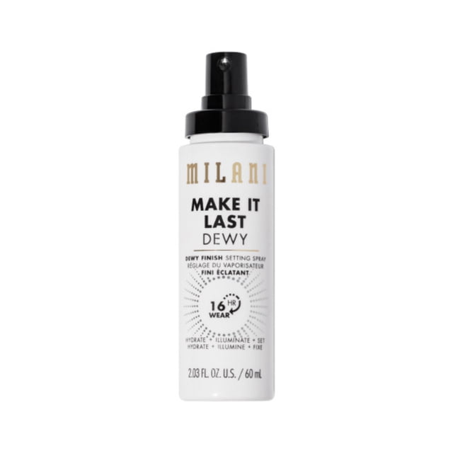 Milani Make It Dewey Setting Spray - Hydrate + Illuminate + Set - 60 ml white cylindrical bottle with black spray nozzle, featuring text for 16-hour wear and dewy finish, designed to hydrate, illuminate, and set makeup, ideal for travel size toiletries
