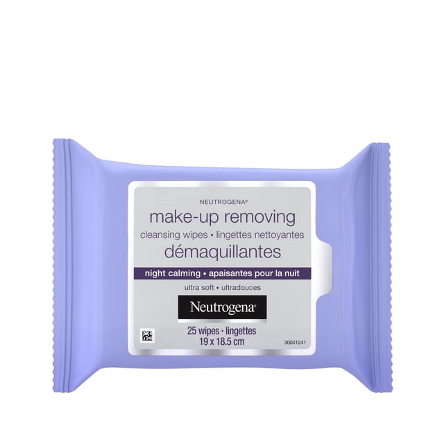 Neutrogena Makeup Removing Wipes Night Calming in a lavender resealable pack with 25 ultra-soft wipes measuring 19 by 18.5 cm, formulated to gently cleanse skin and remove makeup including waterproof mascara, with a calming scent ideal for nighttime skin care.