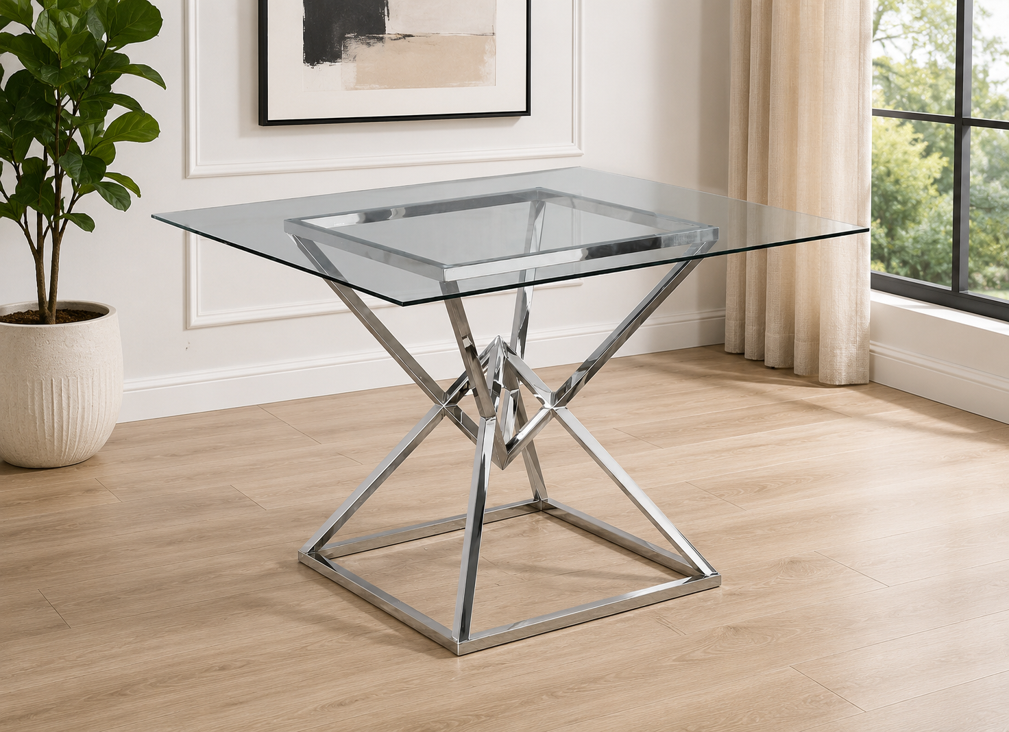 K-Living Juliet Tempered Glass Dining Table with Chrome Stainless Steel Base