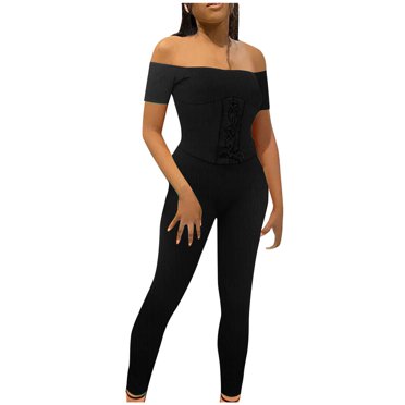 Penkiiy Jumpsuits for Women Women Summer Fashion Bandage Casual Off-The-Shoulder Solid Long Jumpsuit Black S Jumpsuits