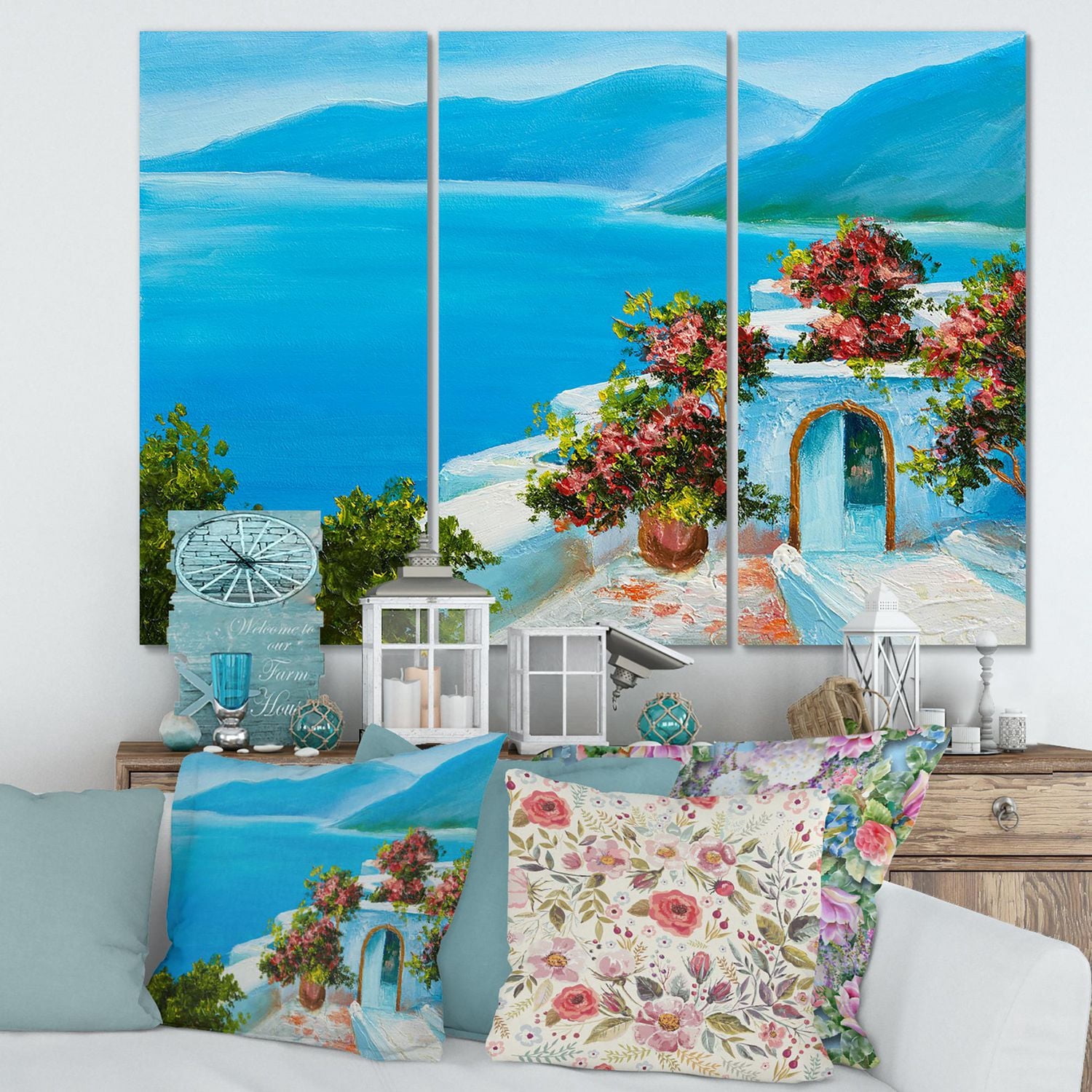 Designart Maison Près De La Mer Fleurs Colorées I Art mural sur toile