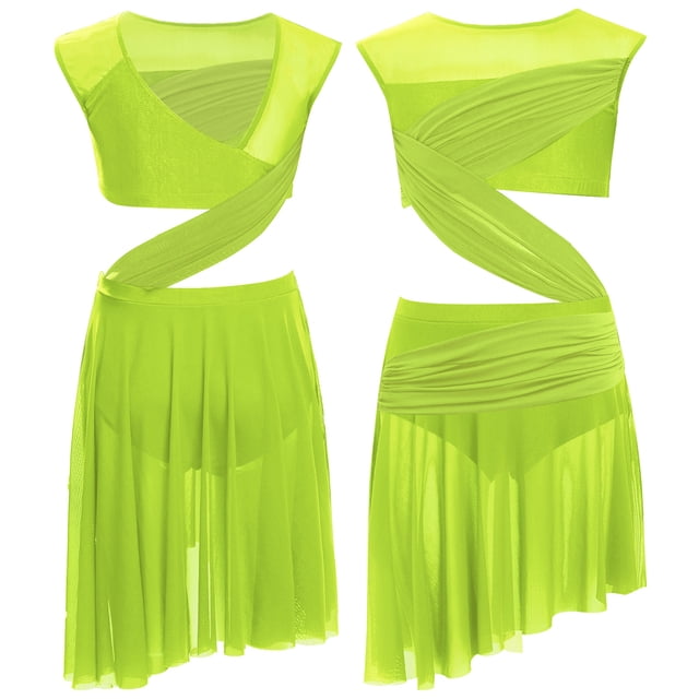 Runhomal Justaucorps de Danse pour Fille Enfant avec Jupe Asymétrique en Maille Transparente Scintillante, Ballet Lyrique, Jaune Fluorescent 8