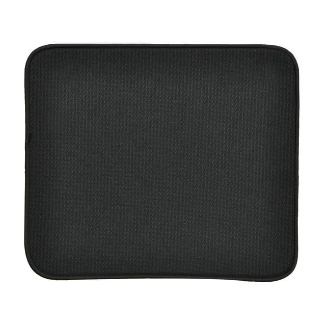 Schroeder & Tremayne Small Dish Drying Mat in black, rectangular with rounded corners and textured surface, measuring 16 by 18 inches, designed to absorb water from hand-washed dishes and glassware, also suitable as a compact counter drying mat.