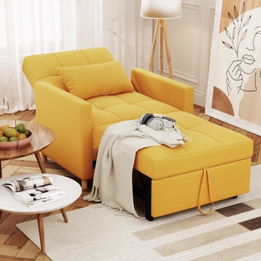 AECOJOY 31.5" 3-in-1 Convertible Chair Bed Sleeper & Futon Sofa Bed Chair with Adjustable Backrest and 2 Pillows-Yellow