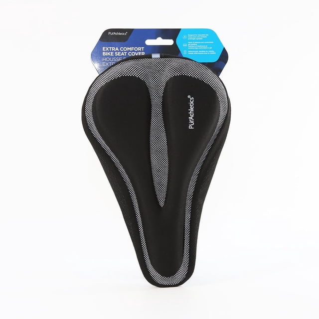 Lycra Gel Seat Cover by PurAthletics, black with grey mesh detailing, memory foam adjusts to rider's body shape for a snug fit, features a cut-out design for ventilation, suitable for enhancing bike seat comfort during long rides, displayed front-facing on white background with blue and black packaging.