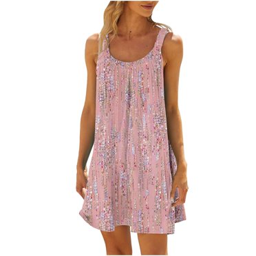 VEKDONE 2025 New Floral Sundresses for Women Sleeveless Crewneck Halter Dress Summer Loose Fit Flowy Dresses Casual Vacation Beach Dress Pink S