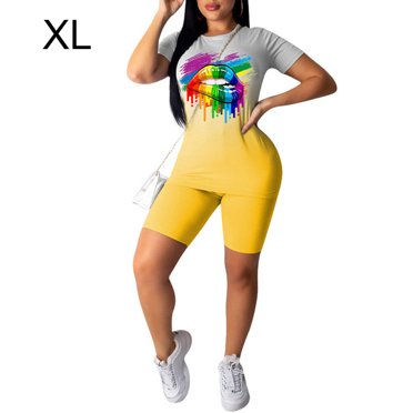 Ensemble de Sport pour Femmes Ensemble de Haut de Yoga Ensemble de Vêtements de Sport Ensemble de Shorts T-shirt à Manches Courtes de Sport, Jaune, TG