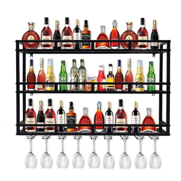 Support à Vin en Métal de 31 Po Mural, Étagères Murales de Bar pour Bouteilles de Liqueur avec Lumière DEL, Support à Liqueur à 3 Niveaux Grande Capacité Mural avec Porte-Verre pour Bar à Domicile et Salle à Manger