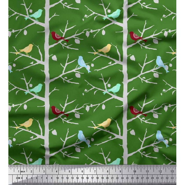 Soimoi Green Rayon Crepe Fabric Artistic Bird & Tree Print Fabric by the Yard 46 Inch Wide