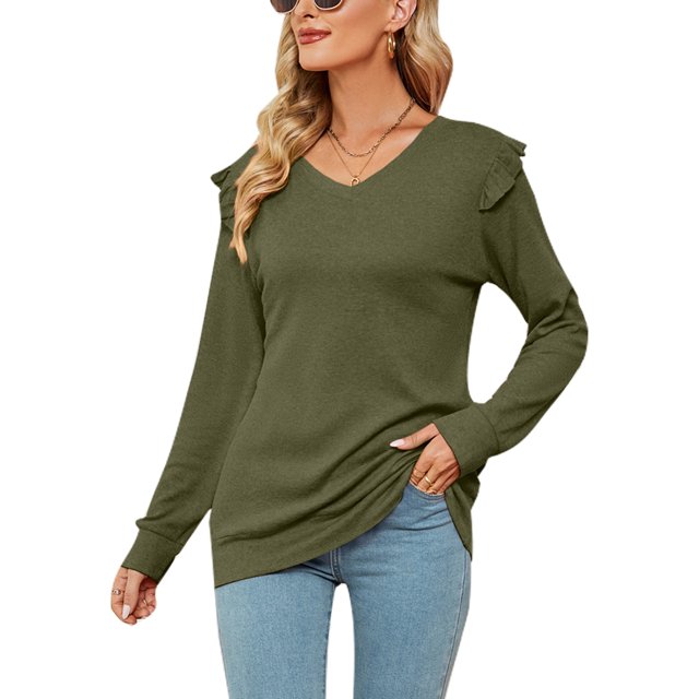 MAWCLOS Women Loose V Neck Tee Loungewear Solid Color Tunic Blouse Army Green M