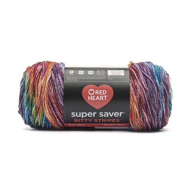 Red Heart® Super Saver® Bitty Stripes™ Yarn, Acrylic #4 Medium, 10oz/283g, 515 Yards, multicolored acrylic yarn skein with a rainbow blurry-stripe pattern, wrapped in a black label featuring the Red Heart logo and care instructions, suitable for knitting, crochet, and crafting vibrant projects.